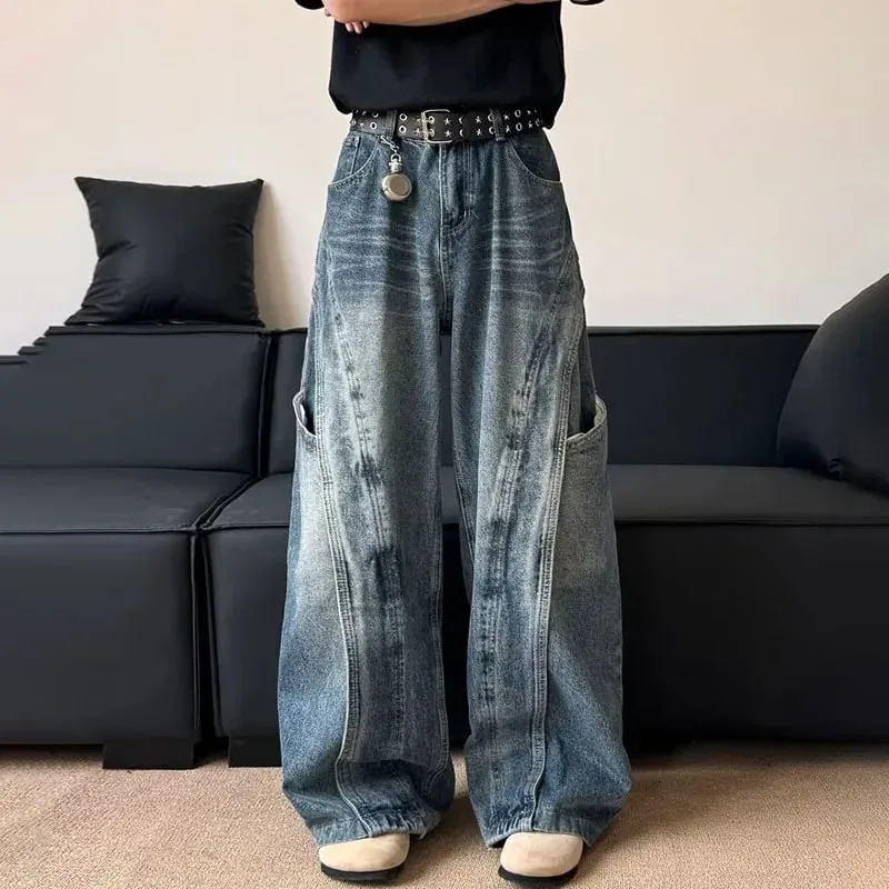 Korean Version Men'S Curved Knife Jeans With Loose Retro Design Straight Leg Pants Casual Large Pocket Wide Leg Pants — image 2