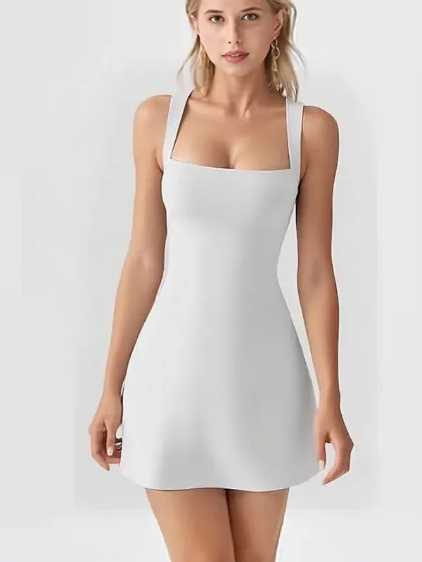 Summer Elegant Solid Color Simple Square Neck Sleeveless Short Dressest New Fashion Versatile Casual Women's Slim Basics Dress