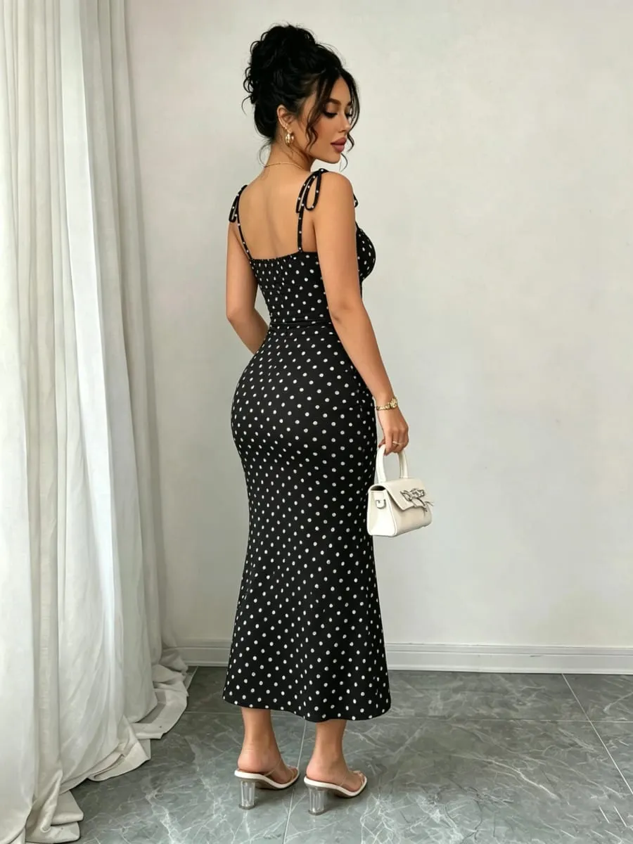 Black and White Polka Dot Bow Mid-Length Dress Pleated Tight-Fitting Fishtail Dress Vintage Slim-Fit Fishtail Party Long Dress — image 3