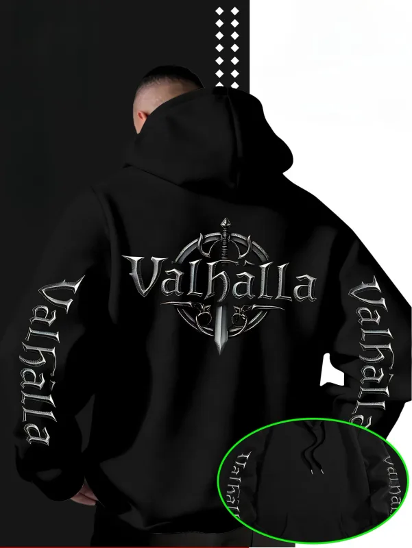 สไตล์สตรีทหลวมไวกิ้ง Valhalla รูปดาบโลโก้พิมพ์เสื้อสเวตเตอร์มีฮู้ดสำหรับผู้ชายเหมาะสำหรับฤดูใบไม้ร่วงและฤดูหนาว — image 4