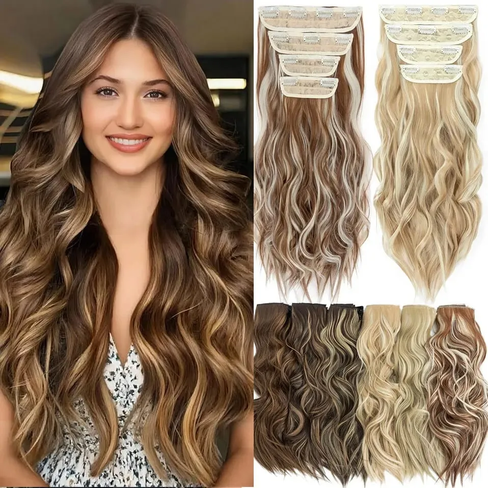 S-noilite Synthetic Hair 22inch Clips In Hair Extensions Long Wavy Clip In Hair Thick Double Weft 4Pcs/set Hairpieces For Women — image 2