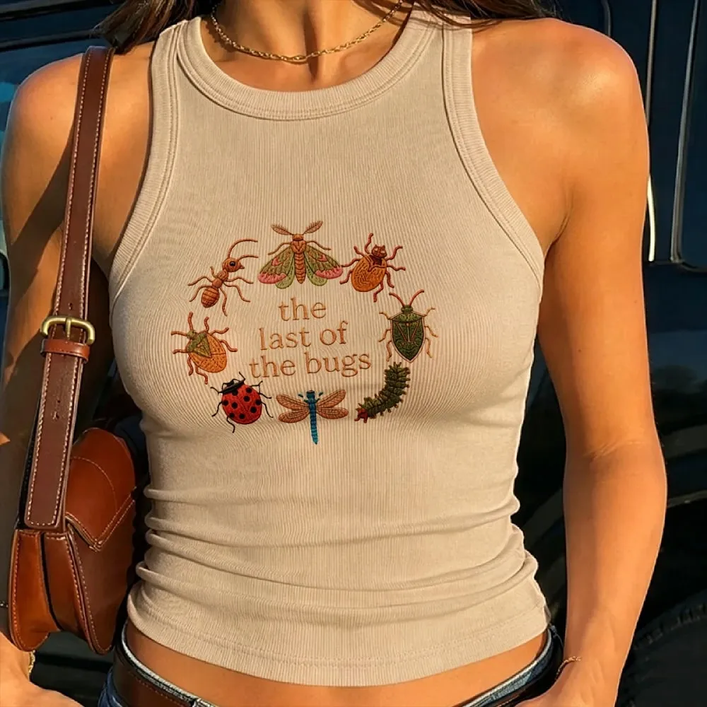 Cropped Ribbed Faux Embroidery Tee Shirt Y2K Cottagecore Insect Bug Print Vest Tank Top Summer Minimal Nature Gift for Her Lady — image 2