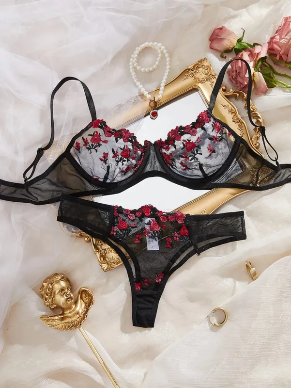New Multiple Colors Available Embroidory Floral Babydoll Dresses Sexy Lingerie No-pad Bra And Brief Elegant Sleepwear Push Up