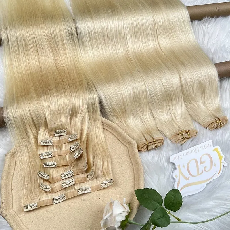 Straight #613 Blonde Color Invisible Clip in Hair Extensions PU Seamless Double Weft Clip Ins 100% Raw Virgin Human Hair 100g — image 6