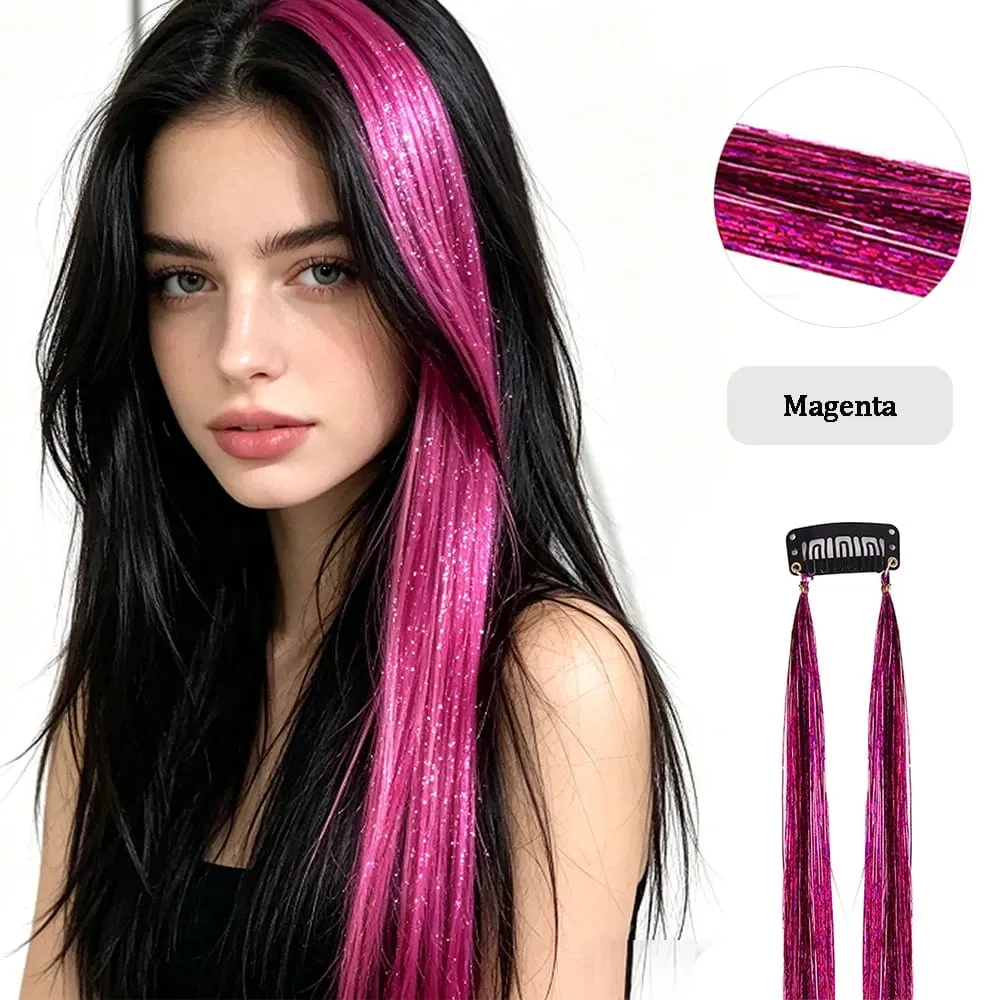 Multi-color Laser Wire Hair Extensions Shiny Tinsel Clip-in Hair Pieces Glitter Colored Hair Strands for Daily & Party Hairstyle — image 11