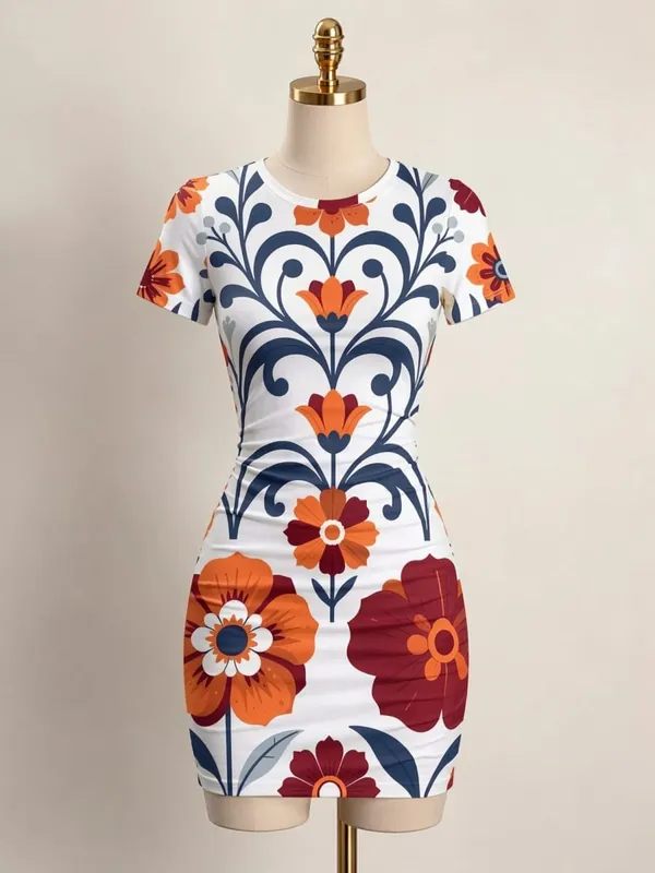 Womens Short Sleeve Bodycon Mini Dress Slim Fit Crew Neck Floral Print Casual Summer Party Cute Comfy Vacation Vacation Sundress — image 14