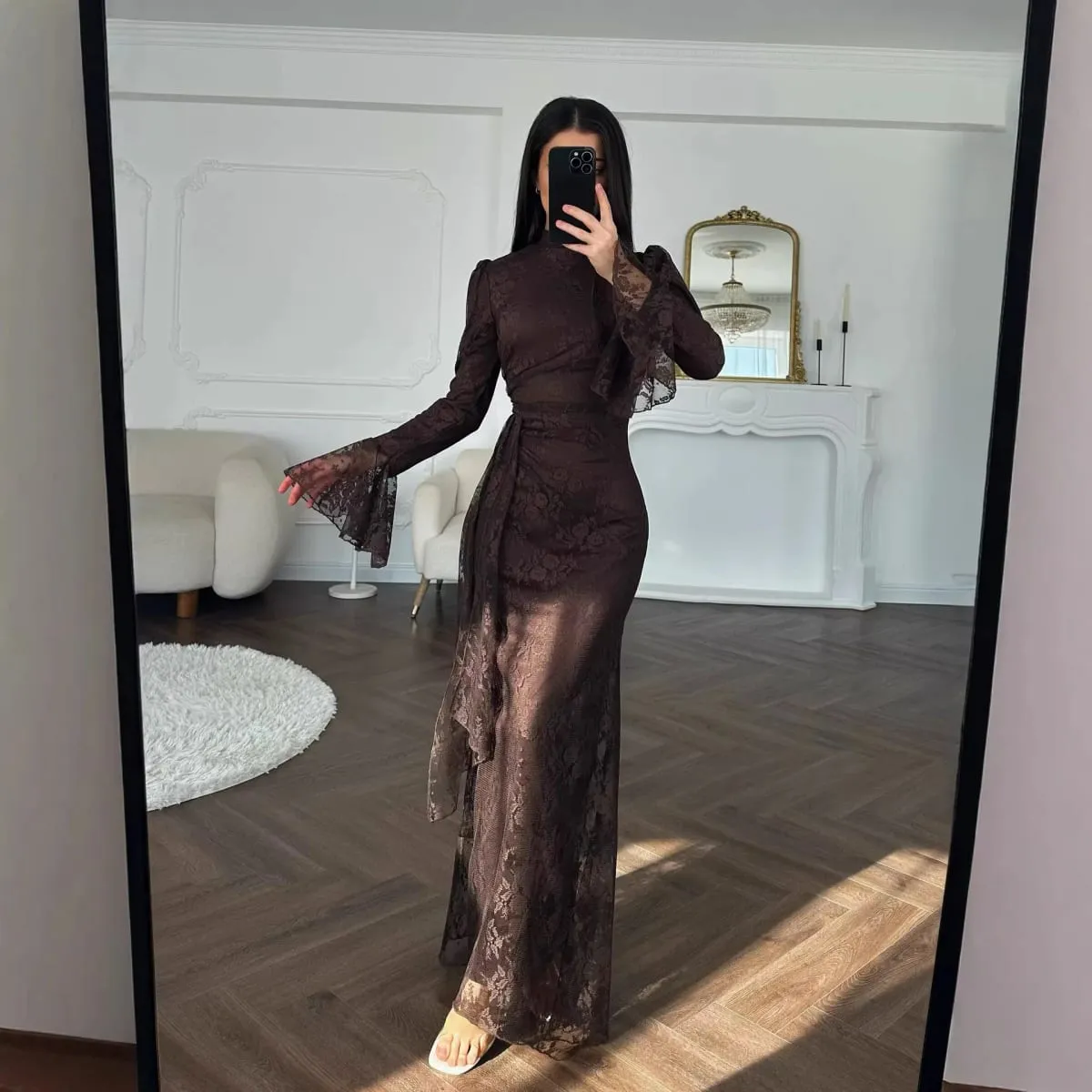 Women Lace Fitted Dresses Solid Evening Dress H Line Ankle Lenth Bell Sleeve Waist Cinch Slim Fit Party Sexy Elegant 2026 Summer — image 4