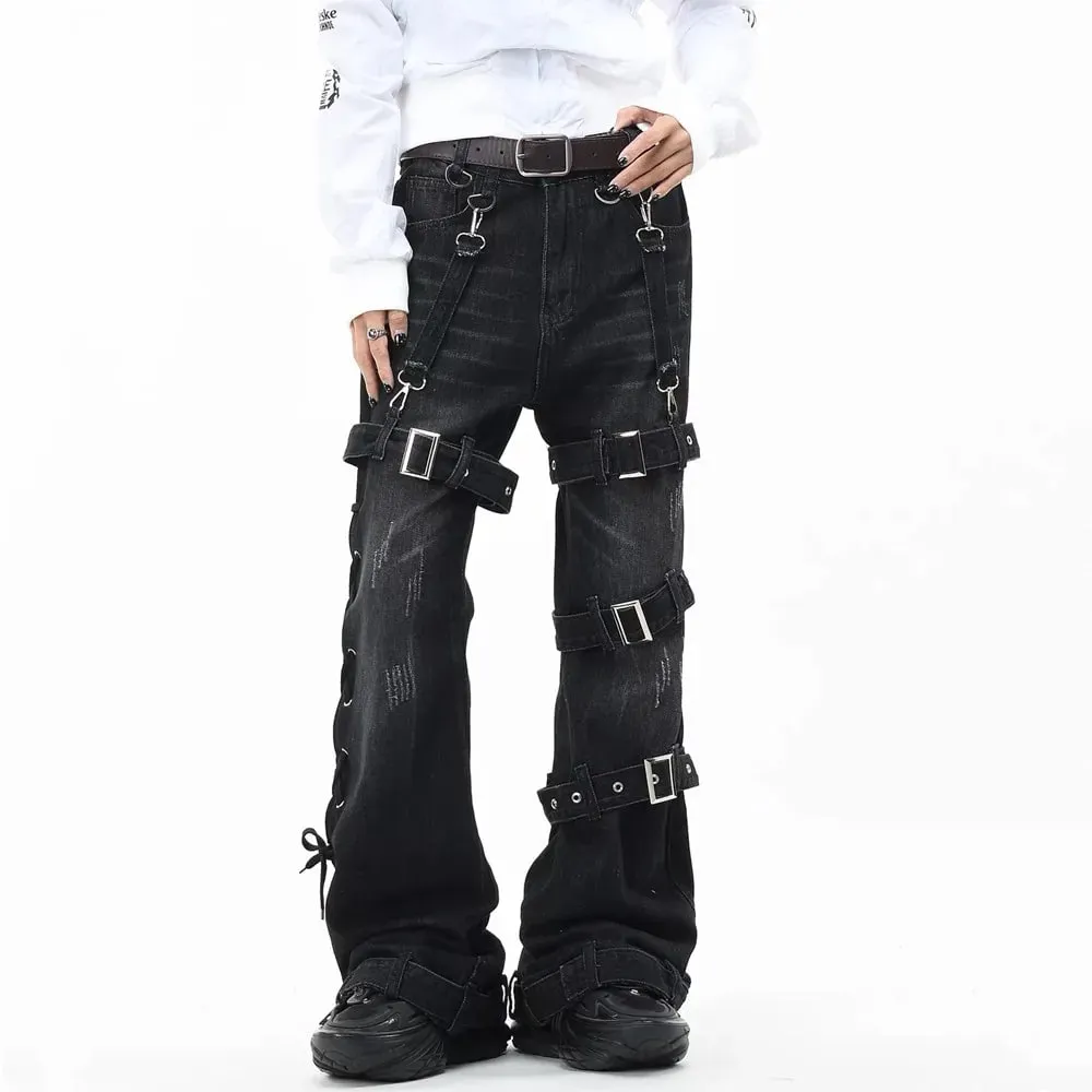 Gothic Punk Multi Buckle Strap Slim Fit Black Jeans Man Woman Ripped Vintage Techwear Bootcut Jeans