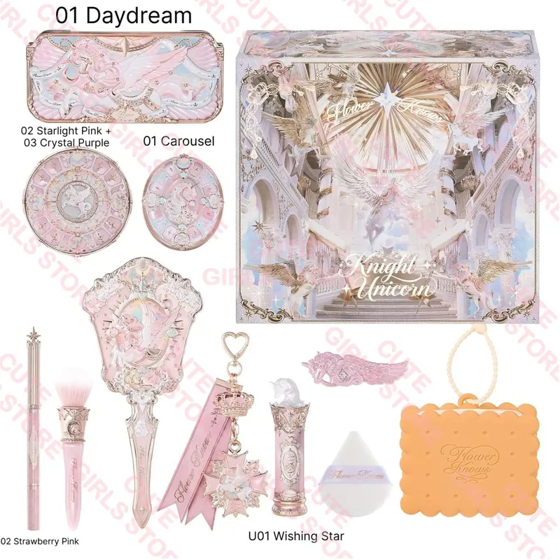 Flower Knows Knight Unicorn Collection Mini All-In Gift Set- with Lipstick Blush Eyeshadow Powder Lip Liner Mirror & Tools