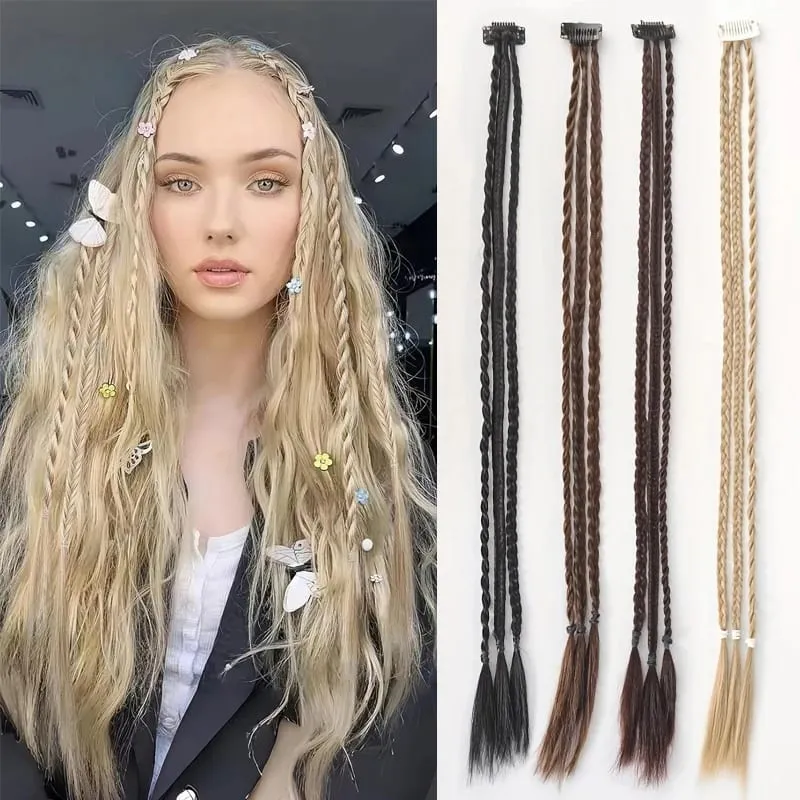 1Pc Clip in Braid Hair Extensions Wig 22inch Synthetic Braided Hairpiece 3 Braids on One Clip for Women Daily Costume Party Use — image 2