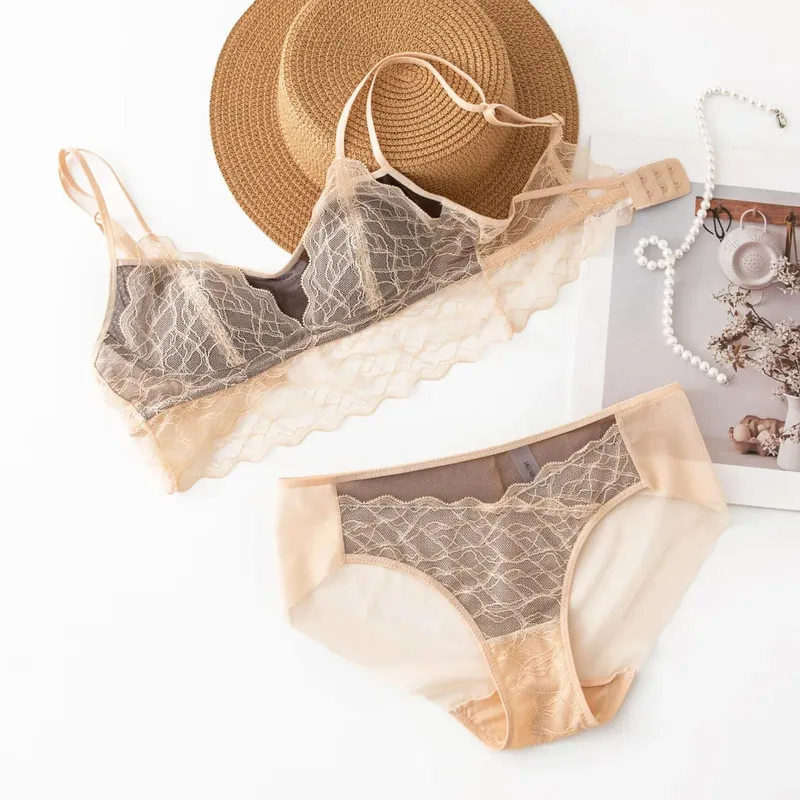 Sexy Silk Lingerie Set Women Push Up Lace Bralette Panty Set Pure Desire Swimsuit Beach Cover Up