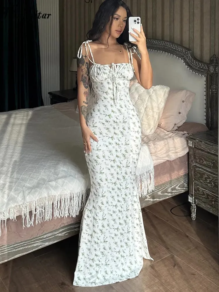 Hugcitar Floral Print Sleeveless Backless Slips Lace Up Maxi Dress Sexy Bodycon Summer Elegant Outfits Holiday Party Wholesale