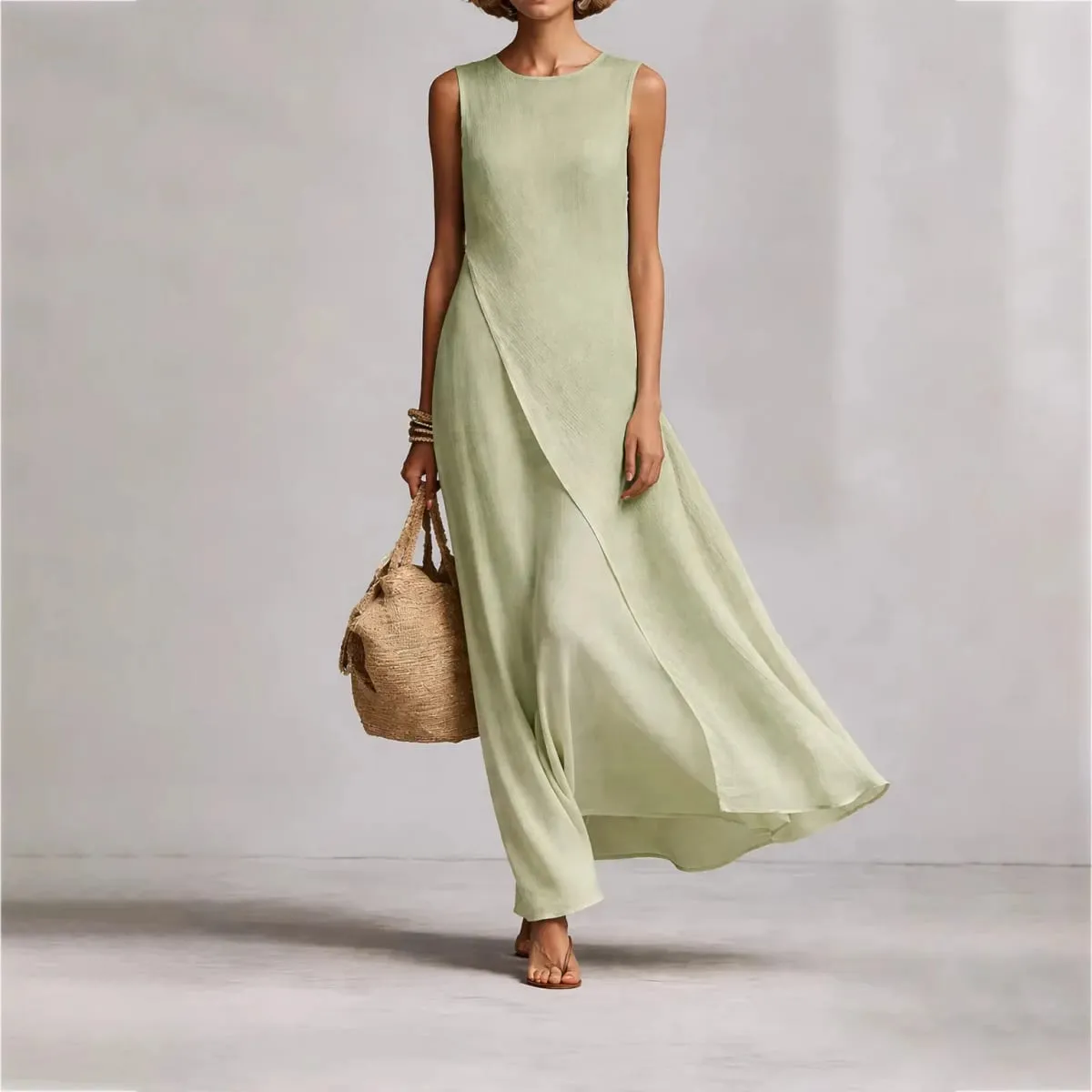 Womens New O Neck Loose Maxi Dress Casual Asymmetrical Hem Long Dresses Elegant Sleeveless Summer Beach Vacation Sundress Female — image 5