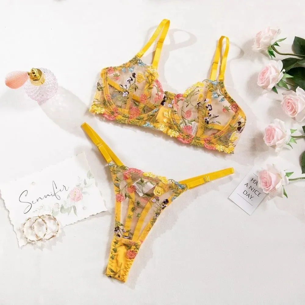 Versatile Transparent Lingerie Set Push Up Ultra-thin Embroidery Floral Underwear Elegant Bra Suit Women — image 2