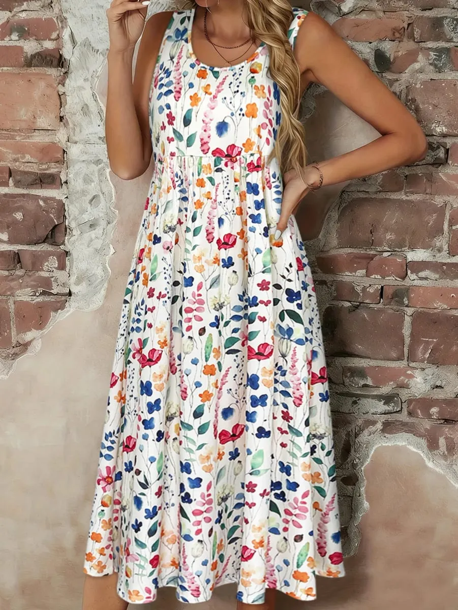Women's Watercolor Floral Print Sleeveless Midi Dress Summer Casual Round Neck A Line Flowy Sundress — image 3