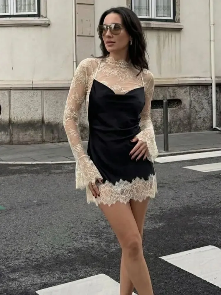 HH 2026 Women Lace Patchwork Mini Dress Vintage Contrast Slim Long Sleeve Dresses Y2k Summer Fashion High Street Lady Chic Dress — image 2