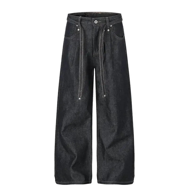 American-style Distressed Washed Jeans Visible Stitching Belt Unisex Loose-fitting Wide-leg Straight-leg Denim Pants 9X3768 — image 3