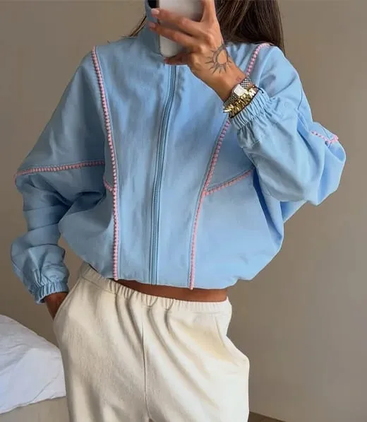 Polka Dot Cropped Windbreaker Jacket Contrast Pink Seam Piping Side Pockets Loose Outerwear 2026 Autumn Street Daily Lady Coat — image 6