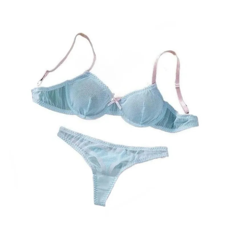 Blue Mesh Patchwork Splicing Thin Strap Strappy Semi Sheer Lightweight Lace Sexy Underwear Apparel Women Bra Briefs Lingerie Set — image 1