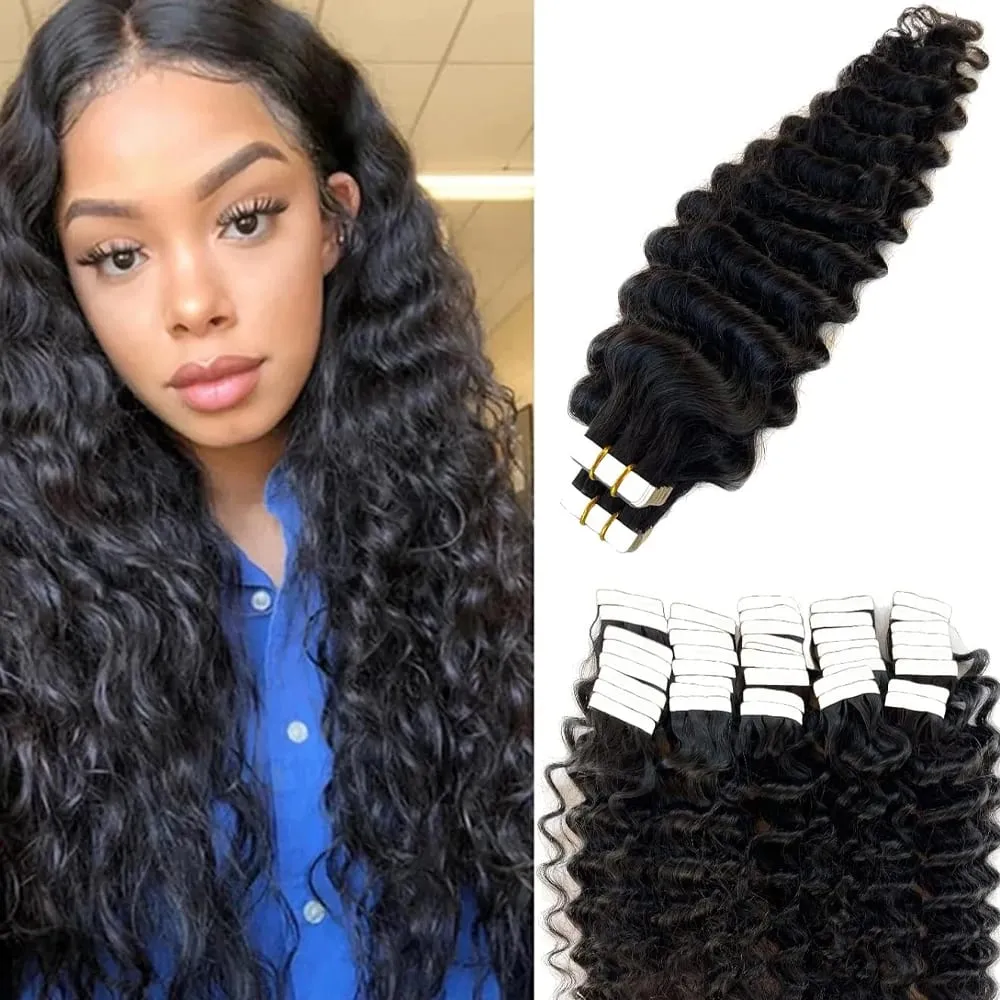 Deep Water Wave Tape In Hair Extensions Natural Black Remy 100% Human Hair 20pcs/50g Curly Tape ins Invisible Adhesive Seamless