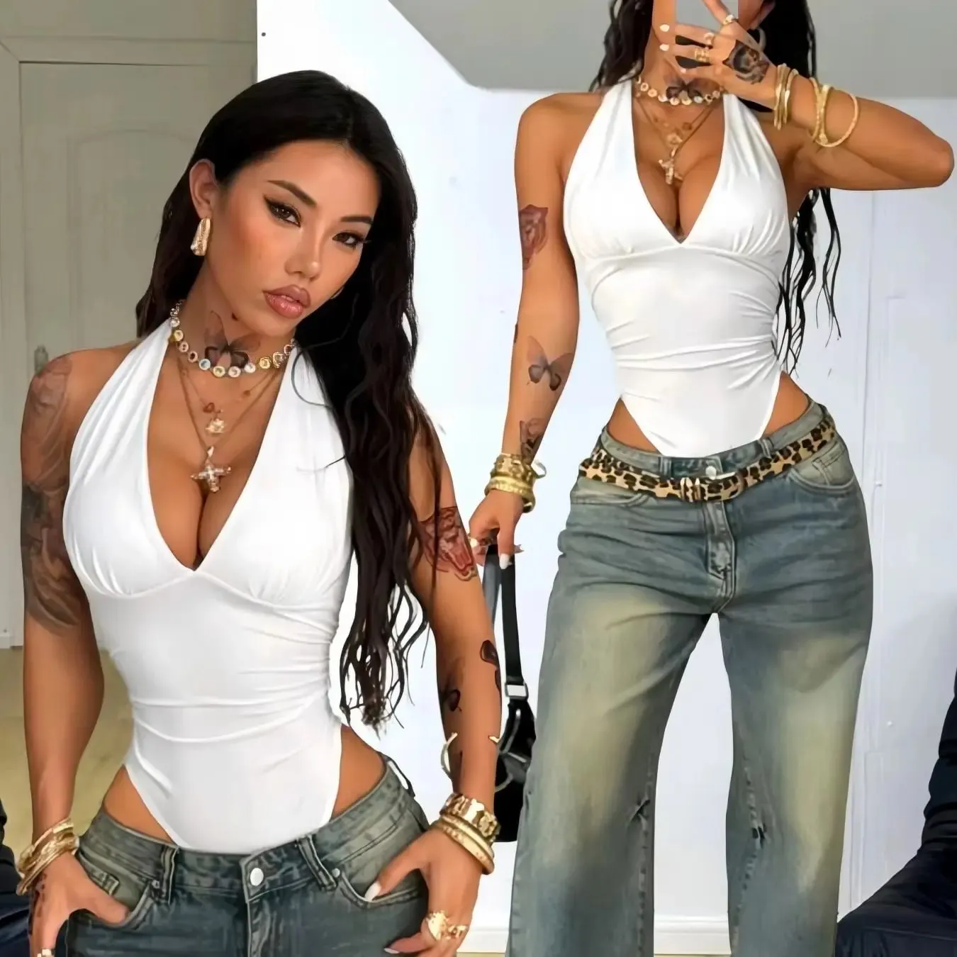 Women Halter Deep V Neck Ruched Slim Fit Sleeveless Bodysuit 2026 Summer Y2K Solid White Going Out Streetwear Jumpsuit Top — image 7