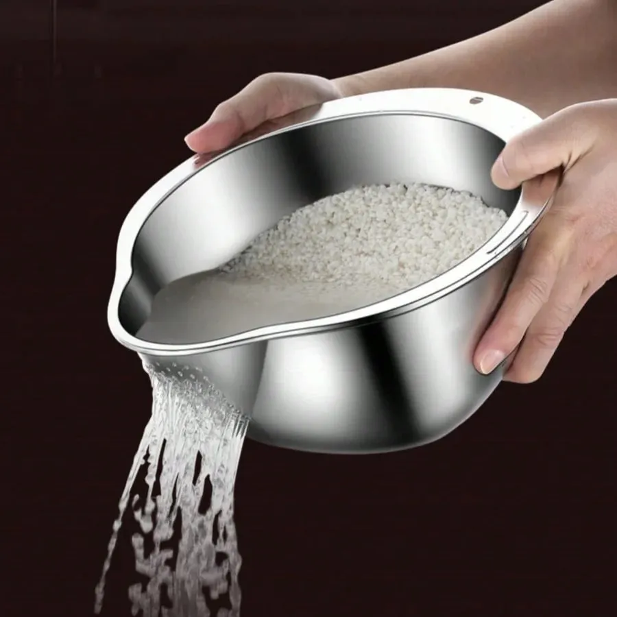 Stainless Steel Rice Washing Bowl with Drain Holes 2-in-1 Vegetable Fruit Strainer Colander Basket for Kitchen Sink — image 2