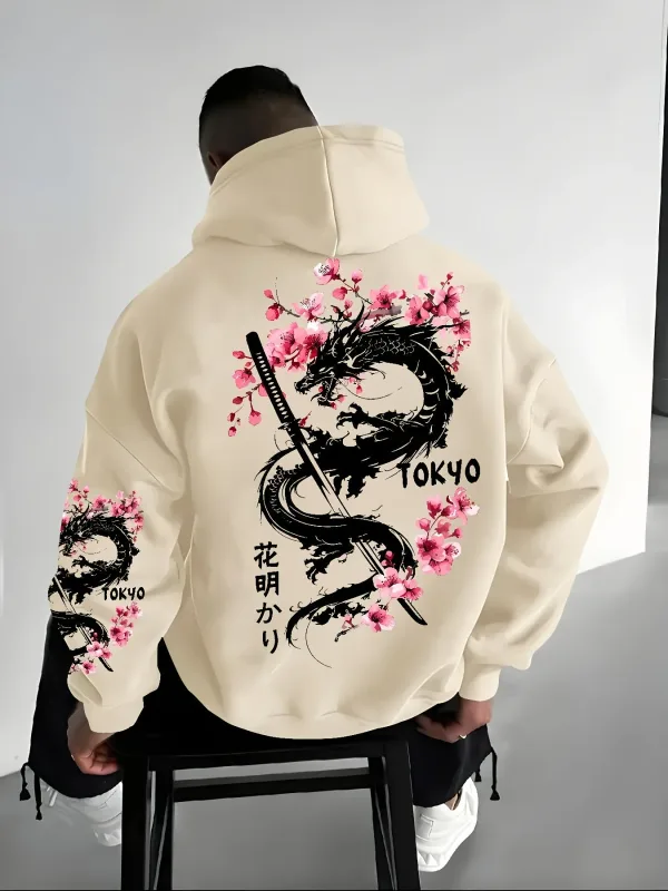 Dragonmönstrad pullover i anime-stil med körsbärsblomstryck för vintervärme, lös och avslappnad stil — image 4