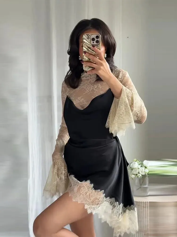 Elegant Satin Floral Lace Patchwork Mini Dress For Women Irregular Hem Long Sleeve Dresses Lady 2026 Chic Evening Party Vestidos — image 5