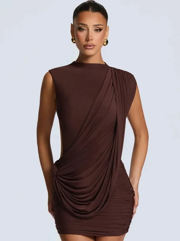 Chic Sleeveless Pleated Slim Mini Dress Women Sexy Solid Backless Hollow Out Round Collar Dresses Lady Evening Party Vestidos