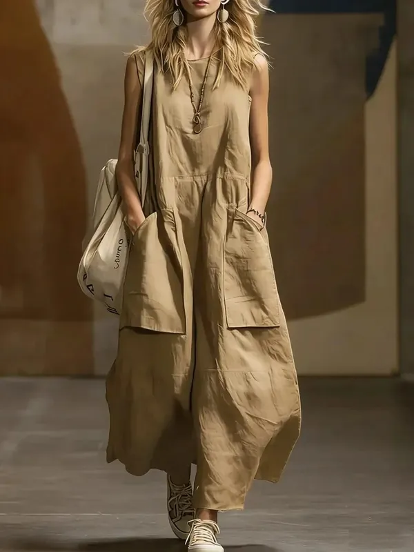 2026 Summer Loose And Simple Sleeveless Cotton And Linen Women's Dress New Fashion Casual Pocket Female Holiday Long Dresses