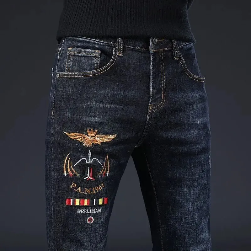 High-end Men's Jeans Summer New Embroidery Printed Slim-fit Elastic Small Feet Trousers Punk Clothing Luxury Brand Men Jeans — image 9