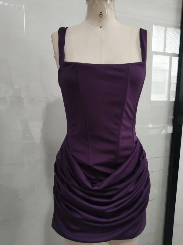 Square-neck Halter Mini Dress Women Sexy Pleated Sleeveless Backless High Waist Bodycon Dresses 2026 Women's Summer Party Robes — image 15