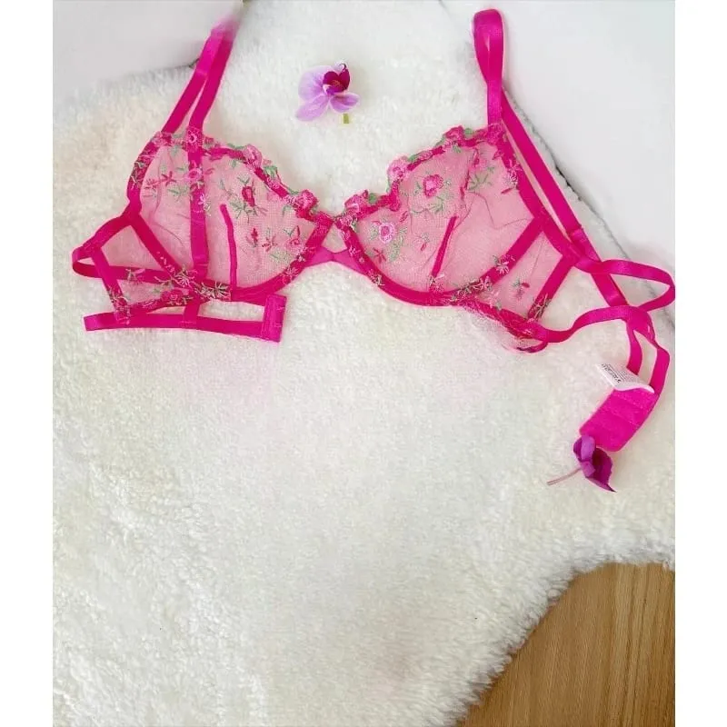 Korean Hot Lace Bra Set Floral Embroidery Transparent Mesh Ultra Thin Big Bust Modest Summer Ladies Daily Wear Underwear 32-38 — image 9
