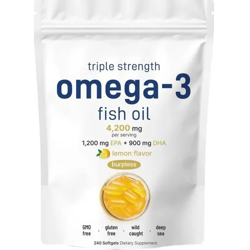 Triple Strength Omega 3 Fish Oil Supplements 4200mg Per Serving 120 Softgels Lemon Flavored Burpless EPA