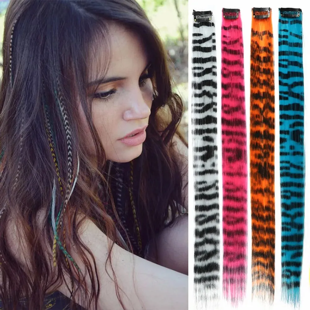 Synthetic Hair Extension18" Long Straight Women High Temperature Clip in Hair Extension Hairpiece Feather Wig Blue Rose Colorful — image 5