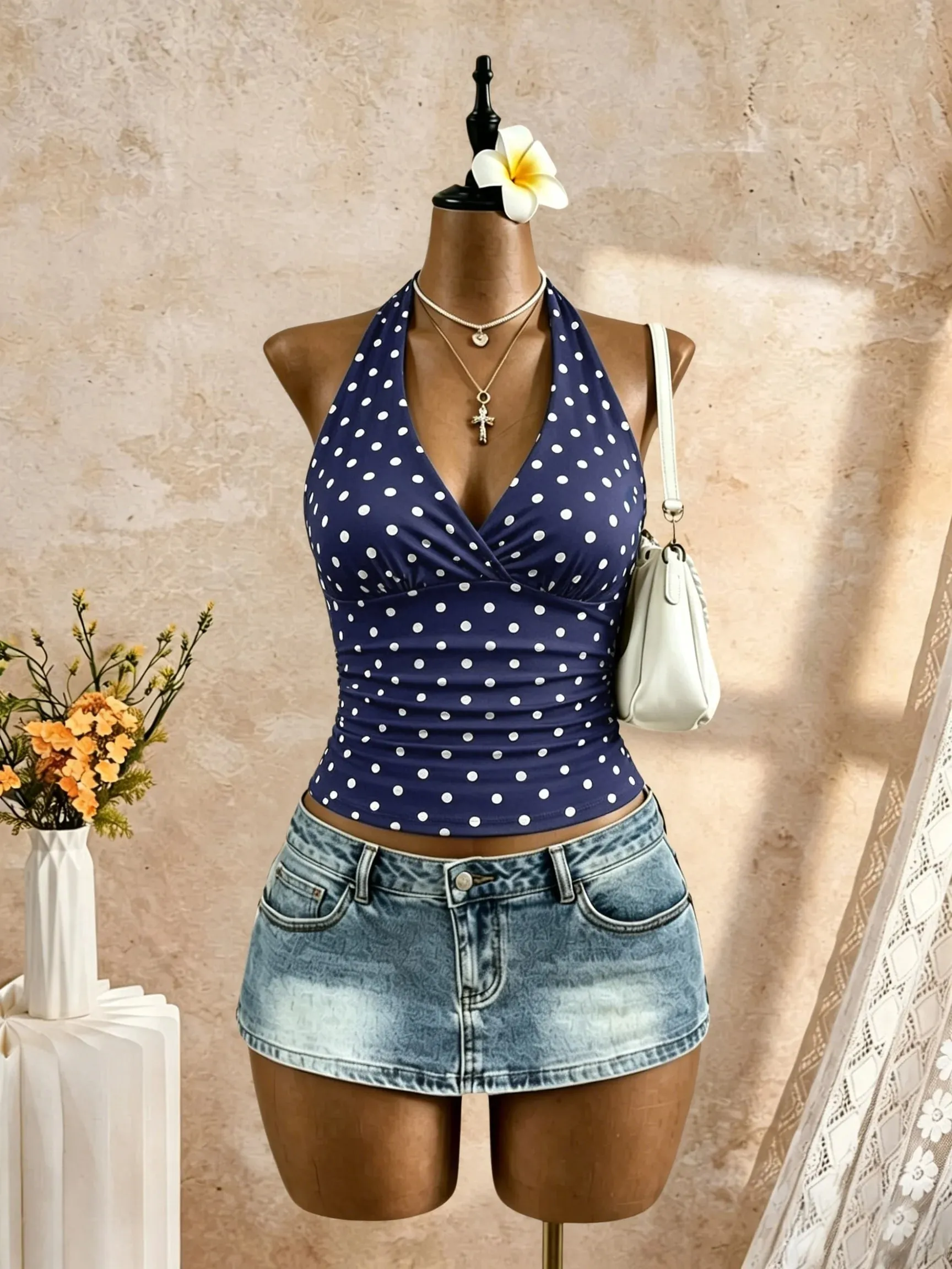 Women Halter Deep V Neck Wrap Front Side Ruched Waist Sleeveless Crop Cami Top Solid White Slim Fit Summer Beach Vacation Casual