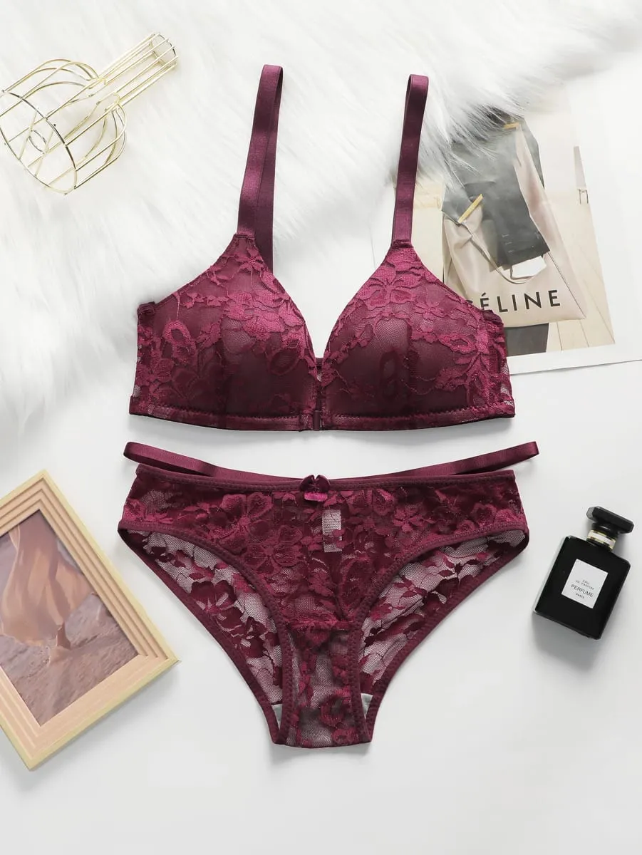 Women Sheer Lace Bra Set Front Hook Closure Wireless V Neck Brassiere Burgundy Floral Lace Underwear Panties Suit Sexy Lingerie — image 1