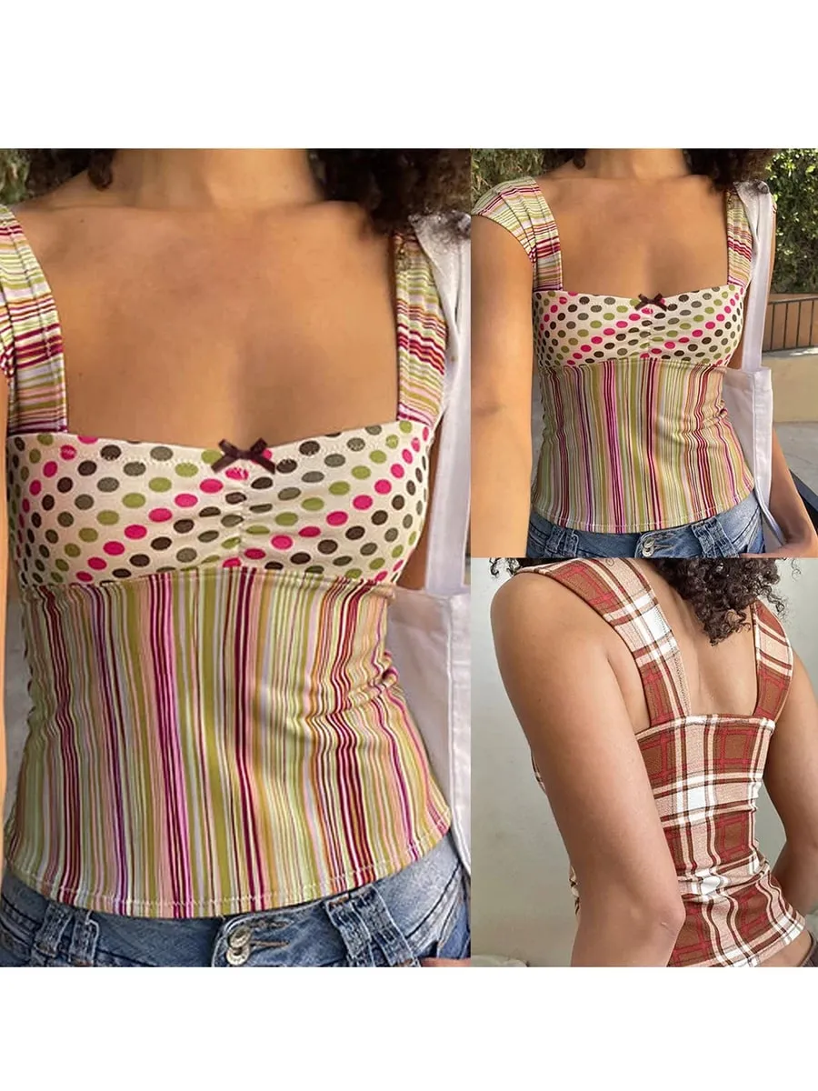 Summer Women Y2k Cottage Tank Top Vintage Plaid/Stripes Print Square Neck Cami Crop Top Party Club Vest 00s Retro Shirt — image 7