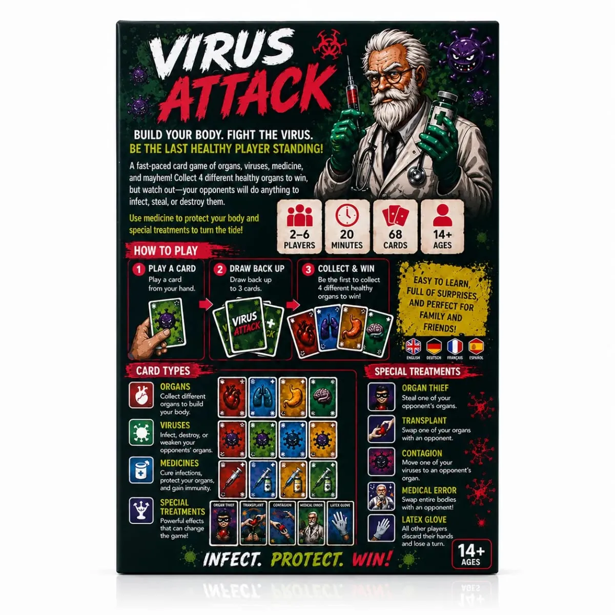 Spanish card game Attack Fast Paced Infection Battle Card Game Collect Healthy Organs Use Medicine Build Immunity — image 3