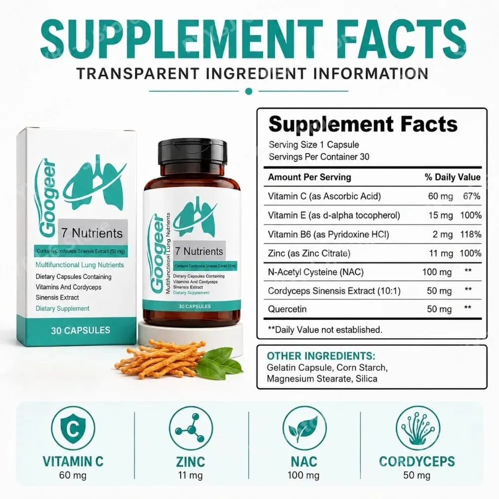 Googeer 7 Nutrients Lung Nutrition Capsules with Cordyceps Sinensis Extract &Vitamins Daily Respiratory Wellness Supplement 30Ct — image 3