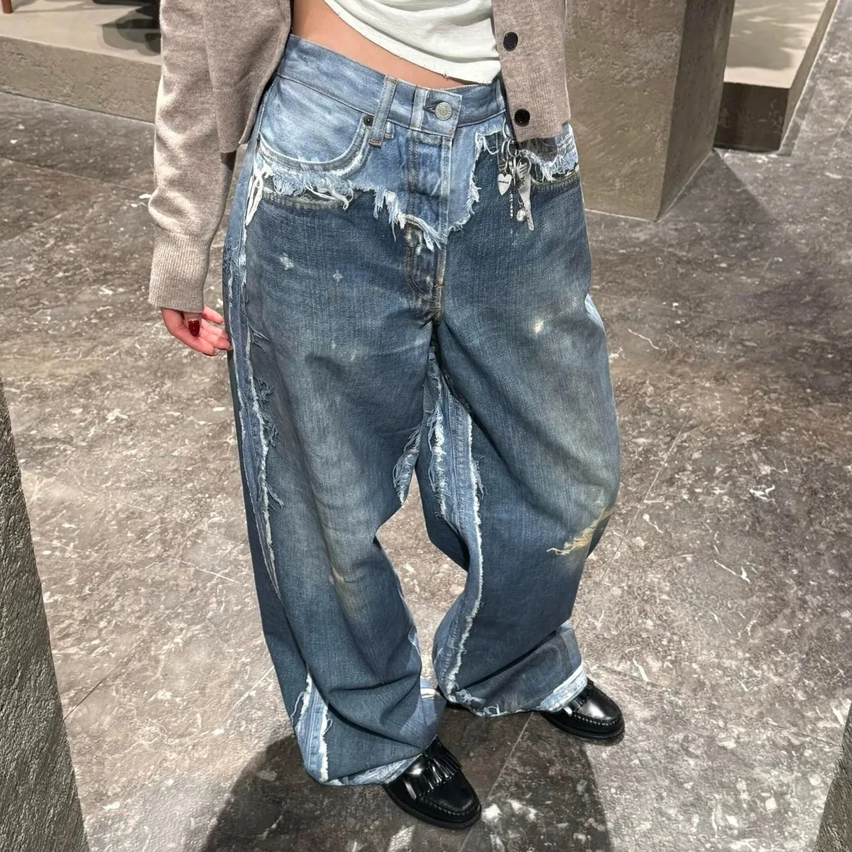 Fake Two Pieces 3D Print Patchwork Baggy Jeans for Men and Women Straight Casual Loose Denim Trousers Oversized — image 9