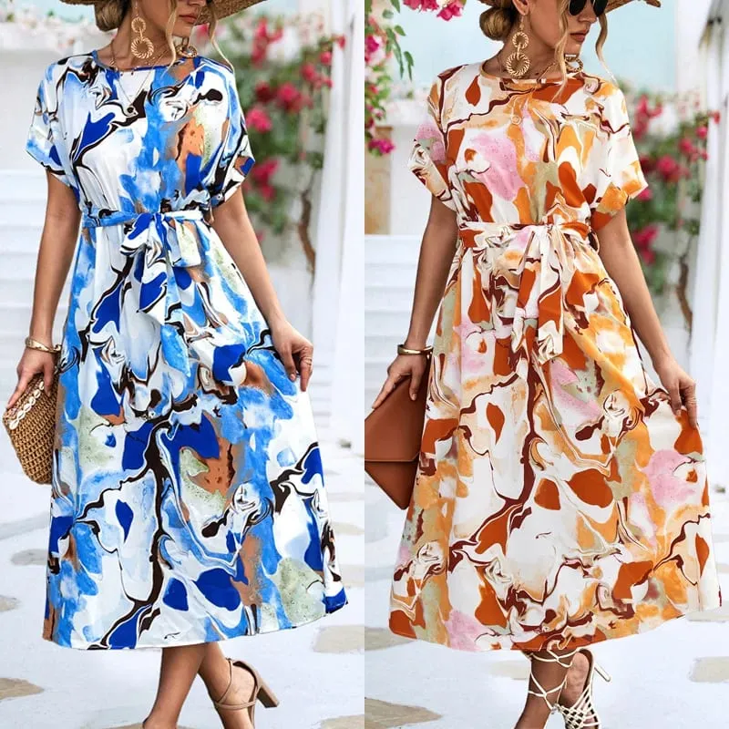 Women Long printed Dress with sashes Fashion Slim Chiffon O-neck A-line Loose Dress Elegant female holidays beach dresses — image 1