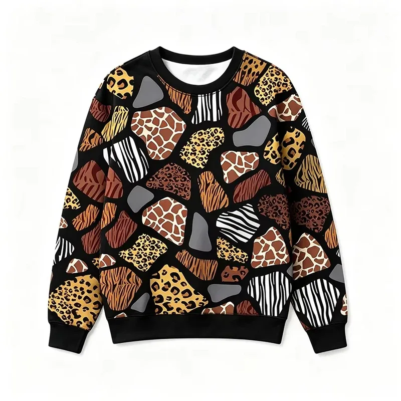 Animal Patchwork Pattern Sweatshirt Leopard Zebra Giraffe Full Print Streetwear Vintage Casual Crew Neck Pullover Fashion Tops — image 3