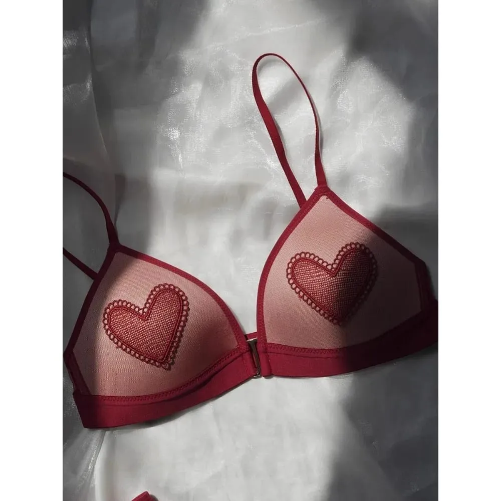 Red Lingerie Set Wireless Front Hook Bra French Triangle Thin Cup Embroidery Bra Set For Festival Soft Comfortable Daily Use — image 4