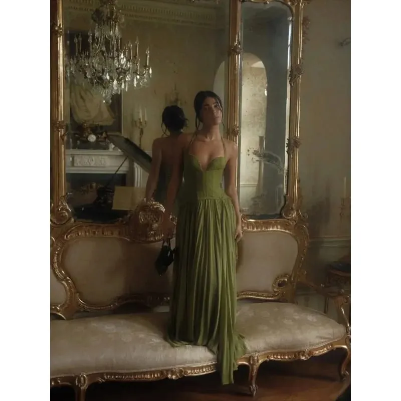 Green Fishbone Corset Halter Maxi Dress Women Backless Off Shoulder Pleated Patchwork Slim Dresses Lady Christmas Party Gown New — image 7