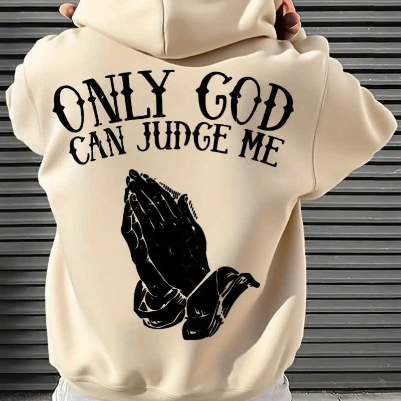 Moletom com capuz masculino "Só Deus pode me julgar" streetwear com mãos em oração pulôver gráfico inspirador para estilo casual