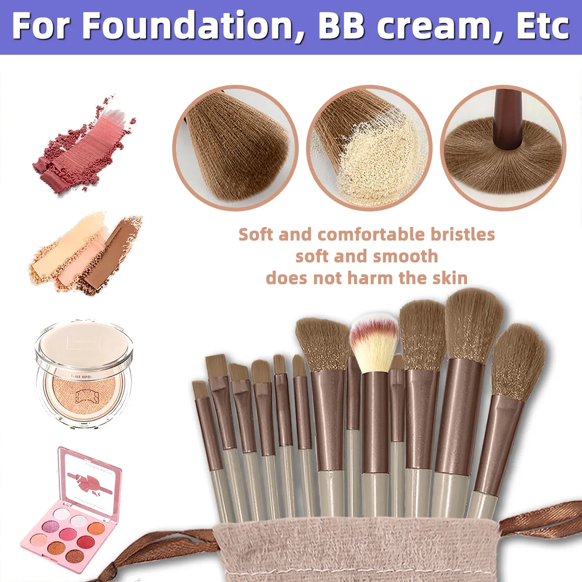 13PCS/set Makeup Brushes Set Soft Synthetic Fiber Cosmetic Brushes For Face Eyes Foundation Blush Eyeshadow With Storage Pouch