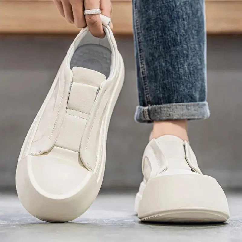 Retro Brown PU Leather Men's Shoes Lightweight Platform Elastic Band Casual Sneakers Fashion Street Walking Shoes High Quality — image 2