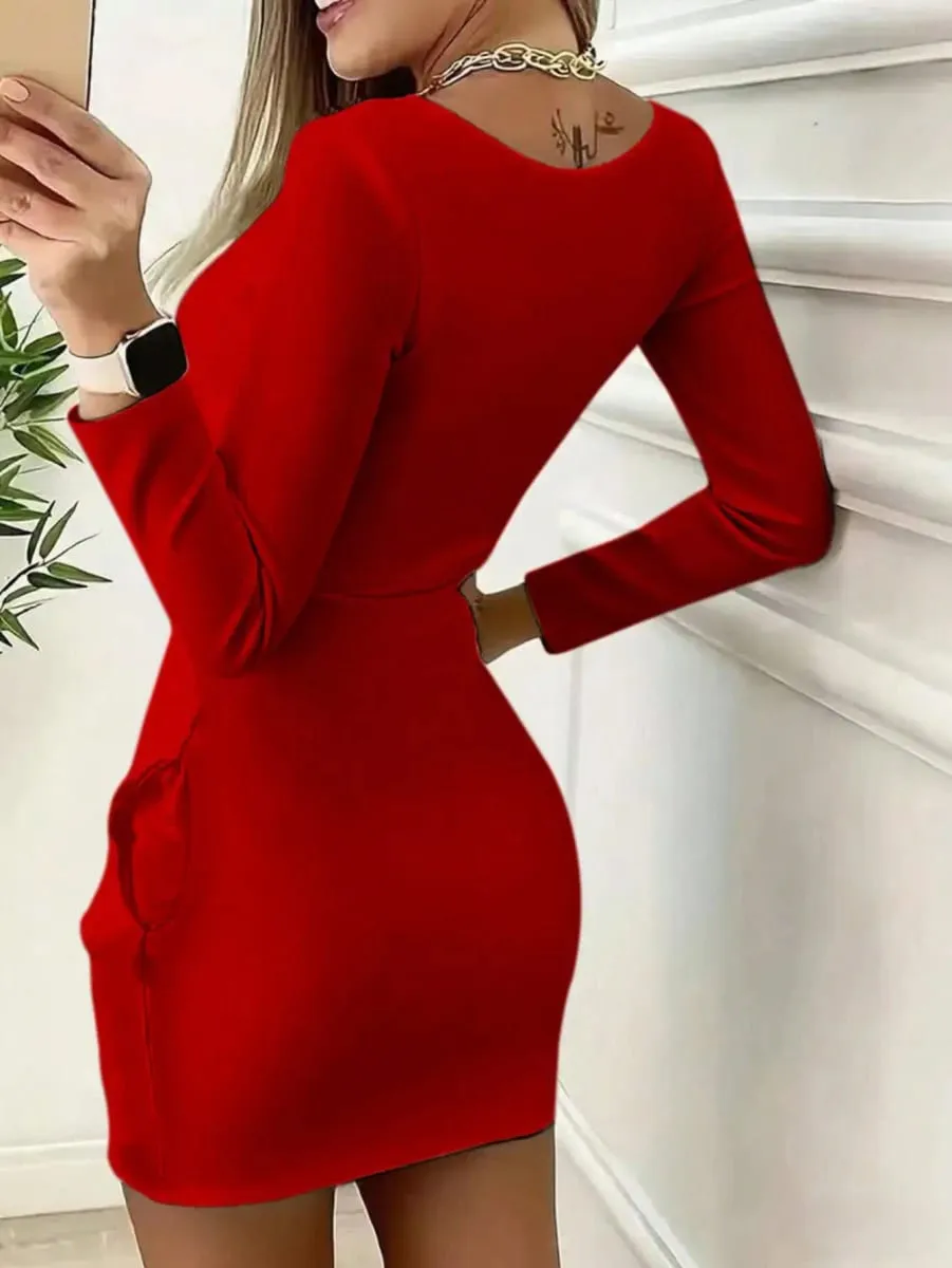 2026 Women's Casual Elegant Solid Color Round Neck Bear Zipper Printed Long Sleeve Dress Short Skirt Suitable for Daily Travel — image 4