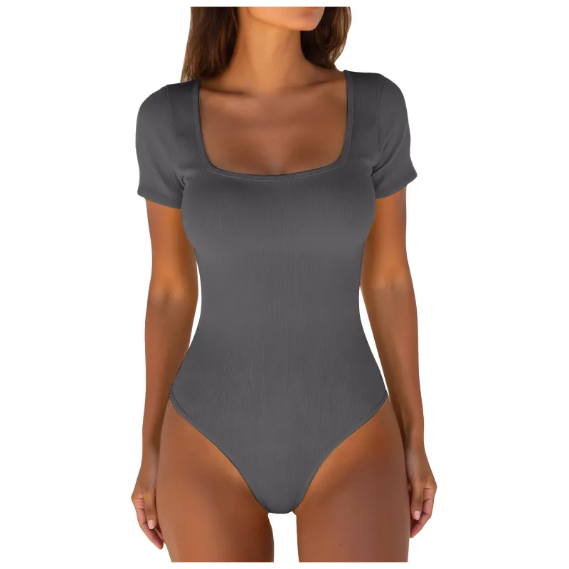Sexy Bodysuits One-Piece Ribbed Square Neck Short Sleeve Bodysuits Women's Tummy Control Knitted Bottoming Tops Body Shaper — image 9